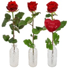1, 2, or 3 red roses + a vase for each rose (1 fresh red rose in 1 glass rose vase + heart)